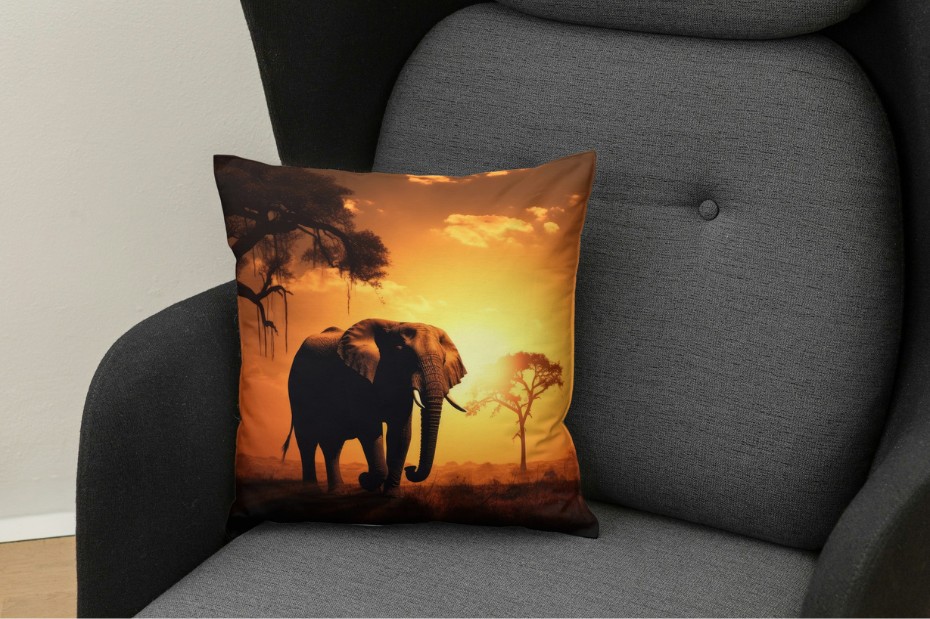 Dekorační polštář Slon v africké savaně – Západ slunce 45x45cm