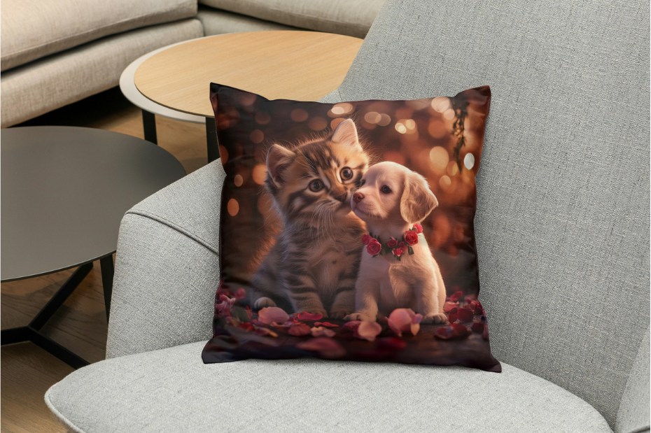 Dekorační polštářek Nejlepší kamarádi – Štěňátko a kotě 